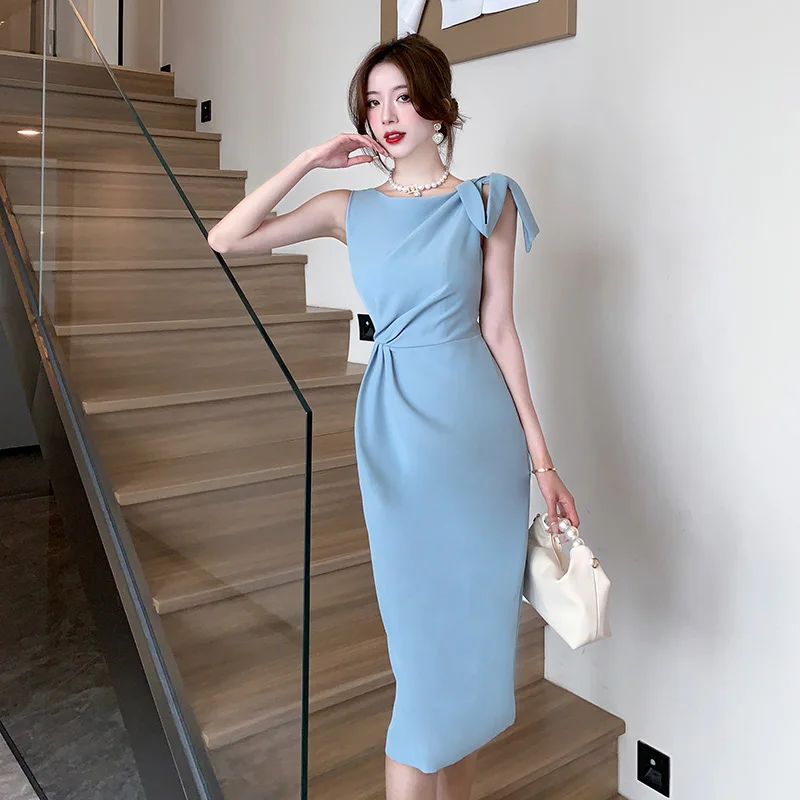 Elegant Formal Dresses Plain Bow Sleeveless Vest Long Midi Pencil Dresses 2023 Summer Slim Bodycon Party Club Dress