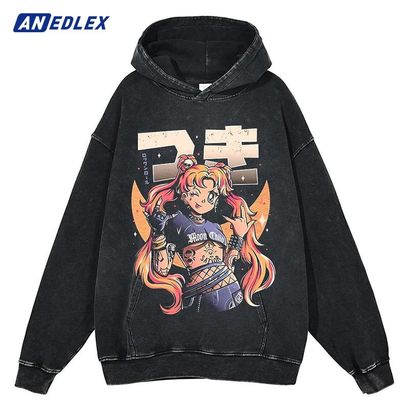 

Men Vintage Washed Hoodie Black Sweatshirt Hip Hop Streetwear Japanese Anime Girl Print Hooded Pullover Harajuku Cotton Hoodie