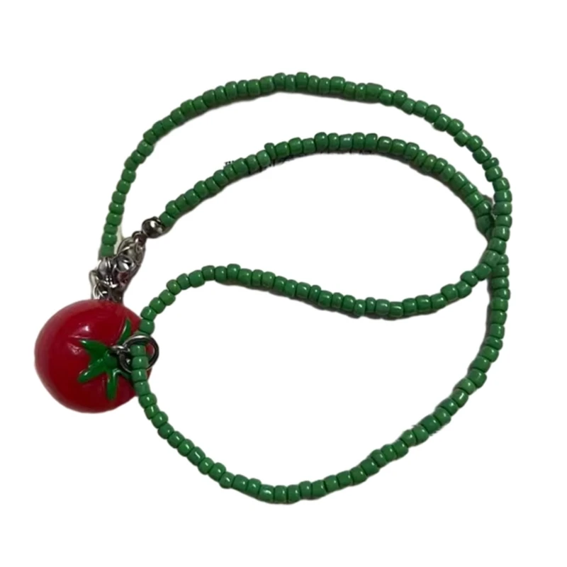 634C Multilayer Beaded Choker Tomato Pendant Necklace for Women Dopamine Choker