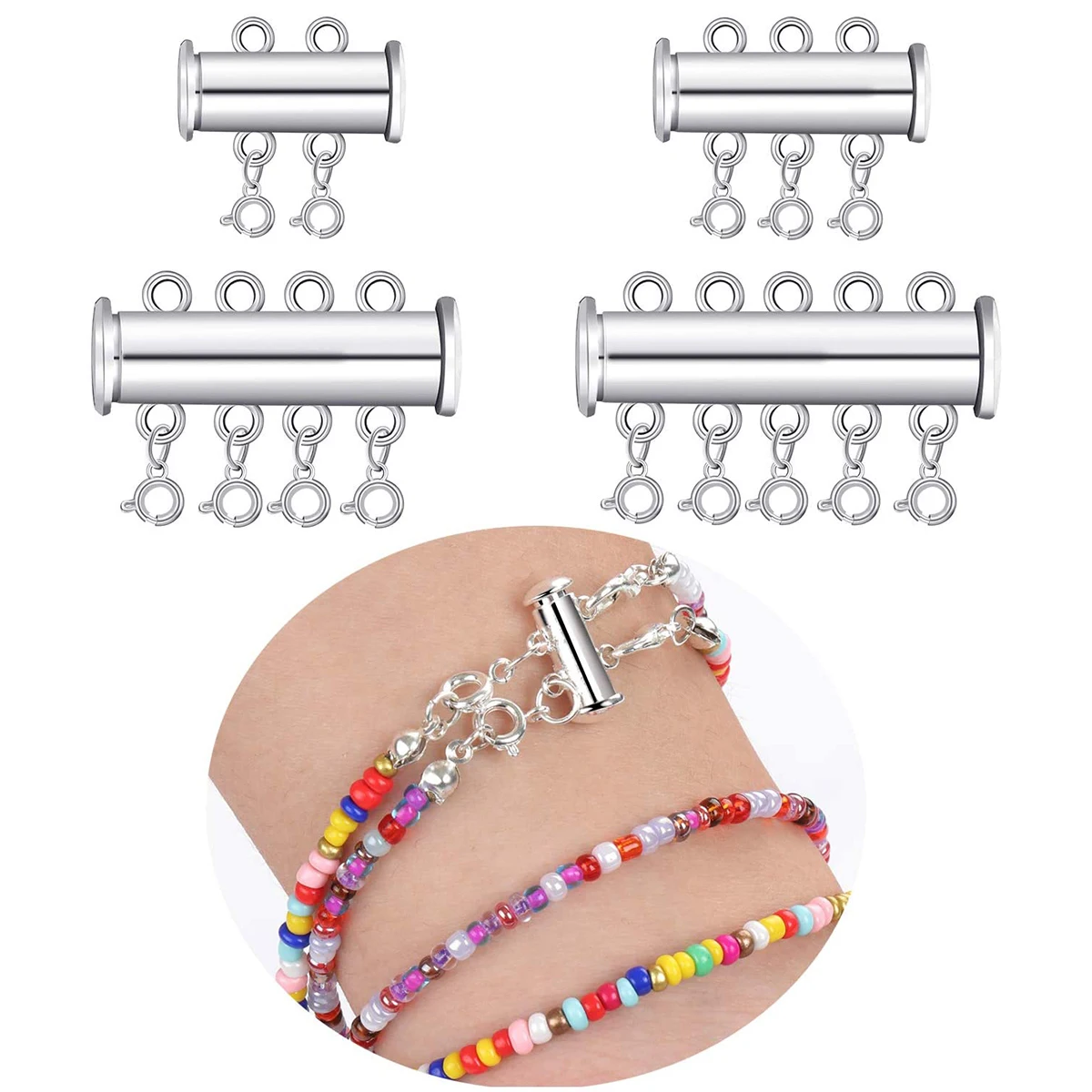 

8pcs Pearl Buckle Necklace Connector Clasp Silver Layered Jewelry Slide Lock Multi Strands Tube Pendant Accessories