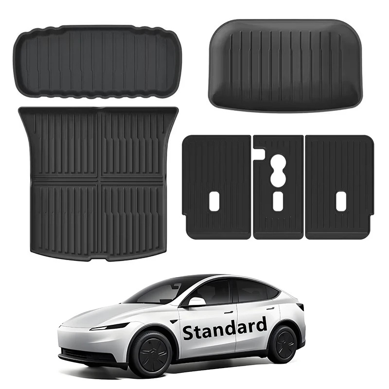 Pour Tesla Nouveau Modèle Y Standard RWD 2025+ Tapis de coffre avant et arrière TPE, Protections de dossier de siège, Tapis de sol de coffre anti-salissures
