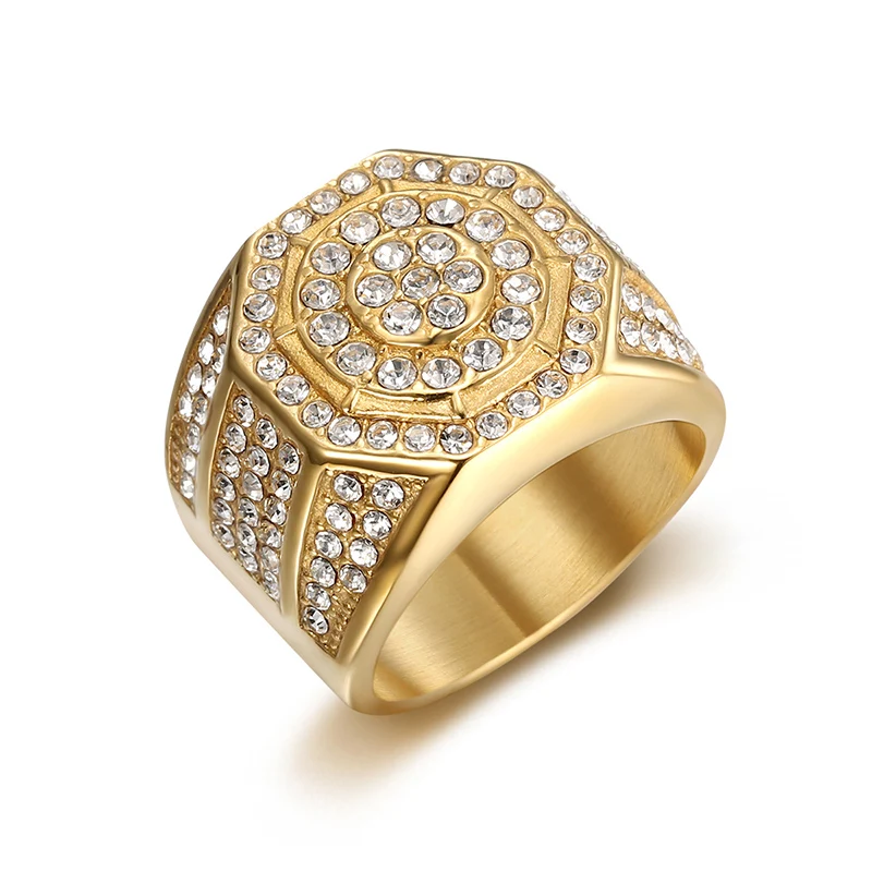 HIP Hop Bling Iced Out Stainless Steel Geometric Octagon Finger Rings for Men Rapper Jewelry Gold Silver Color Drop Shipping view 6