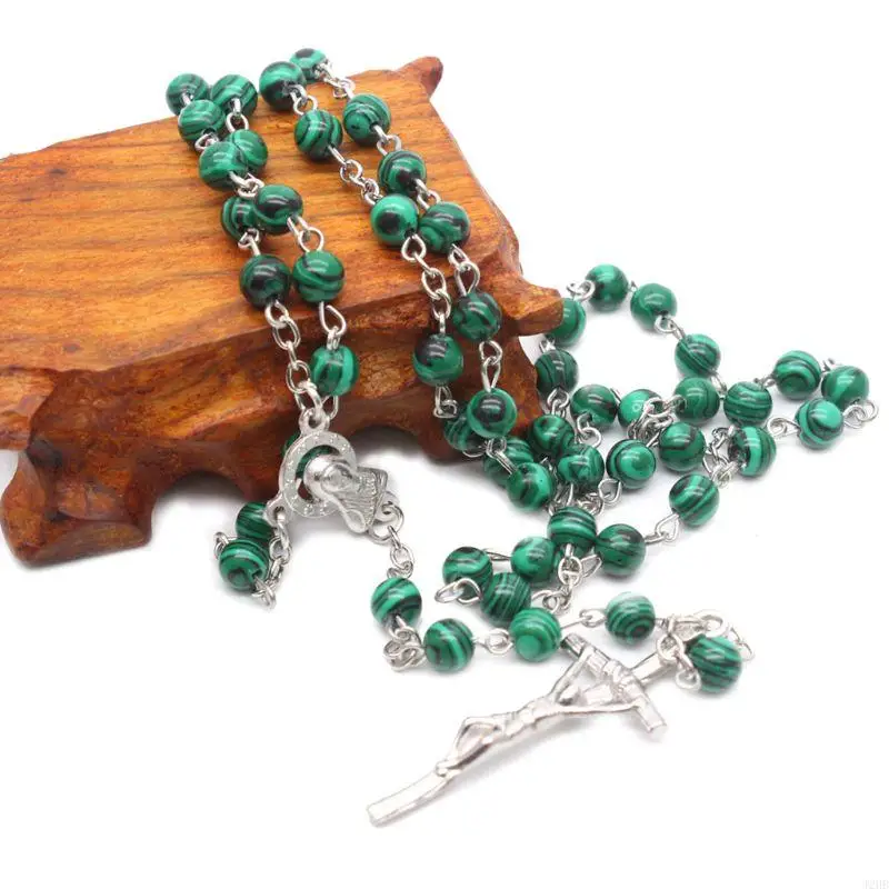 J2HB Malachite for Cross Pendant Rosary Beads Chain Necklace Christian Religion Men Women Jewelry Charm Gift