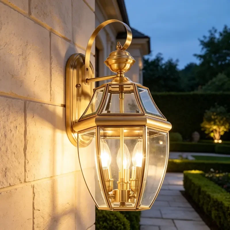 Factory Brass LED Wall Light E14 3 Heads Glass Lantern Outdoor Garden Decoration Wall Lamp