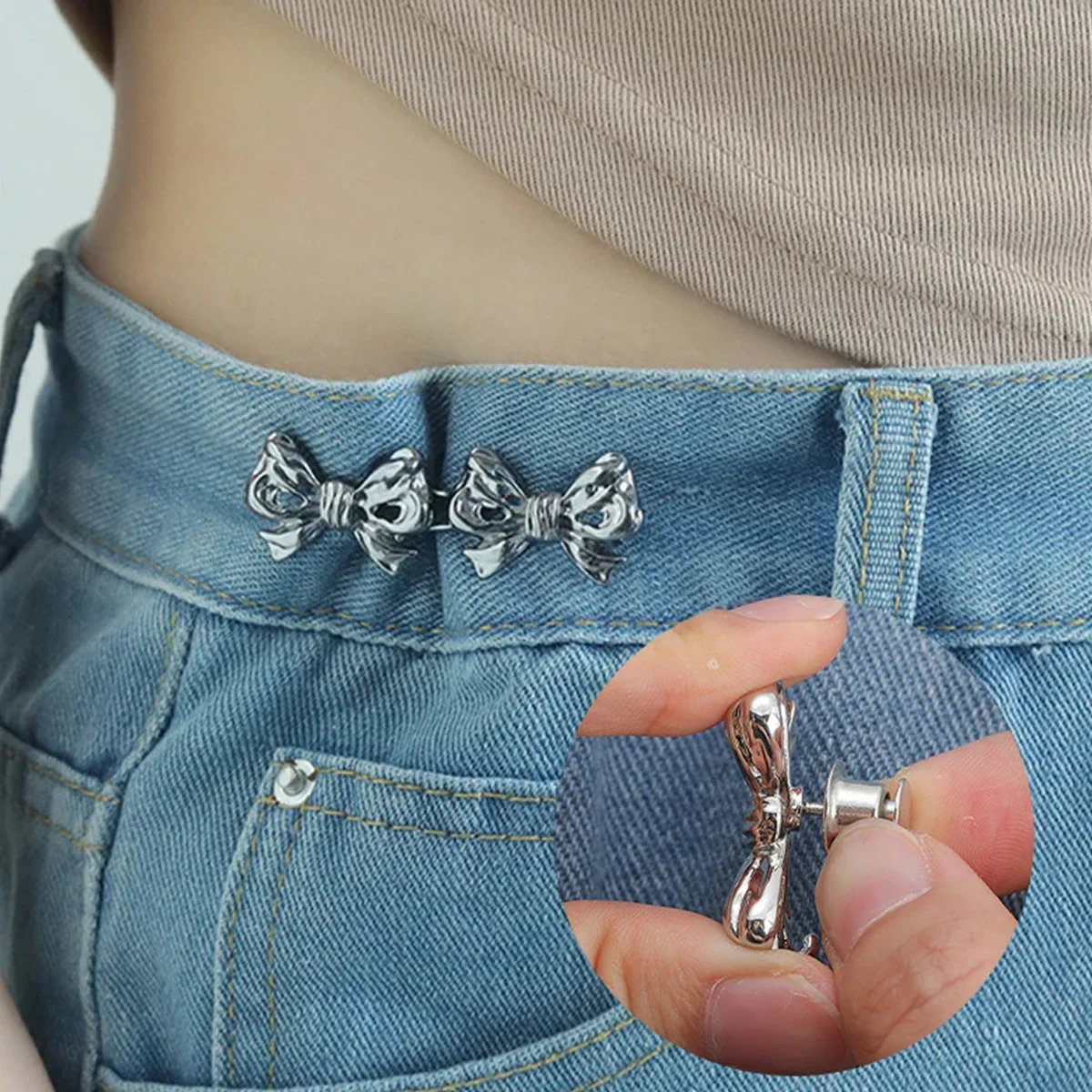 

2Pcs Bowknot Button Adjuster for Pants and Skirts Waist Tightener Adjustable Waist Buckle for Jeans No Sewing Required