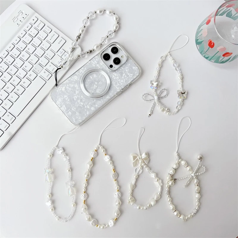 INS Korean Cute White Bow Pearl Beaded Phone Chain For Mobile Phone CCD Camera Hanging Rope Acrylic Anti-Lost Lanyard Jewelry