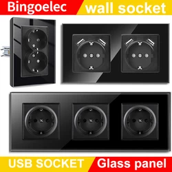 Bingoelec Electrical Outlets 16A 250V Black Full Mirror Crystal Tempered glass socket EU USB wall socket home improvement