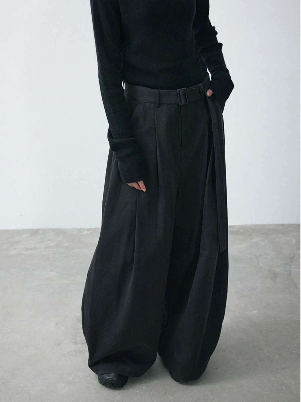 Thirteen Rows September Autumn and Winter High Waist  Cotton Sanding on Shaped Belt Long Wide Leg Pants H7723