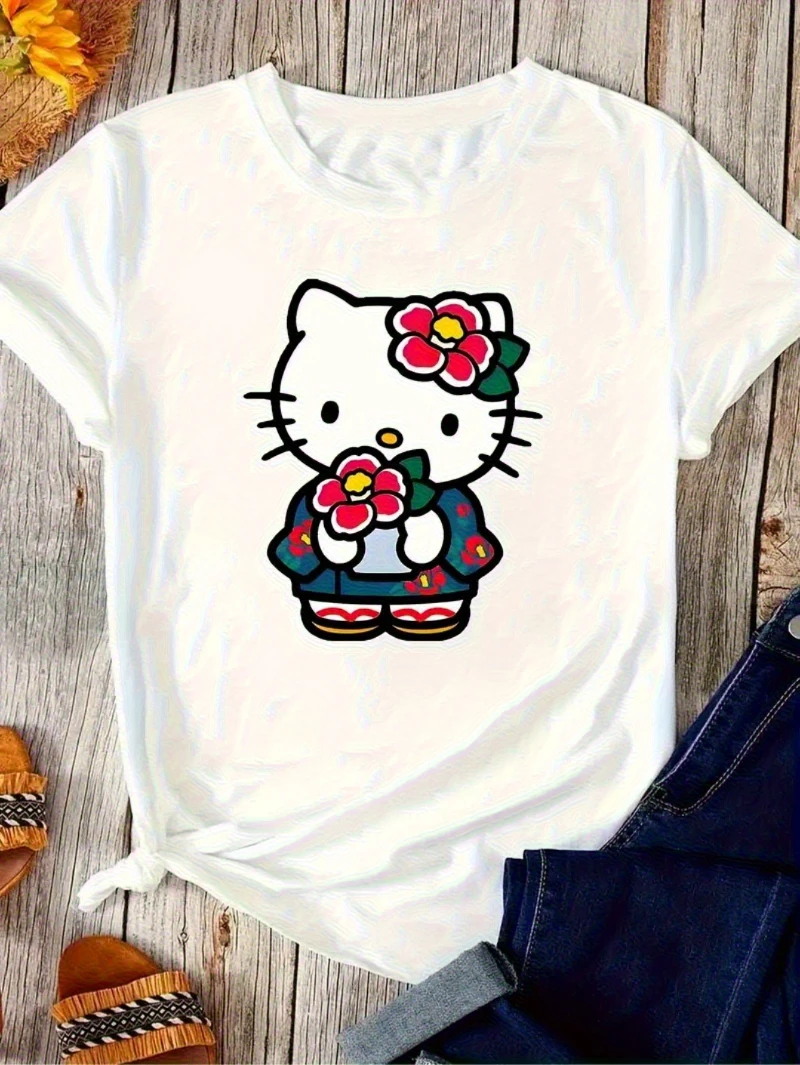 

Women's Hello Kitty Japanese Kimono T-Shirt Cute Anime Top with Cherry Blossom and Hello Kitty Facial Print Loose Summer T-Shirt