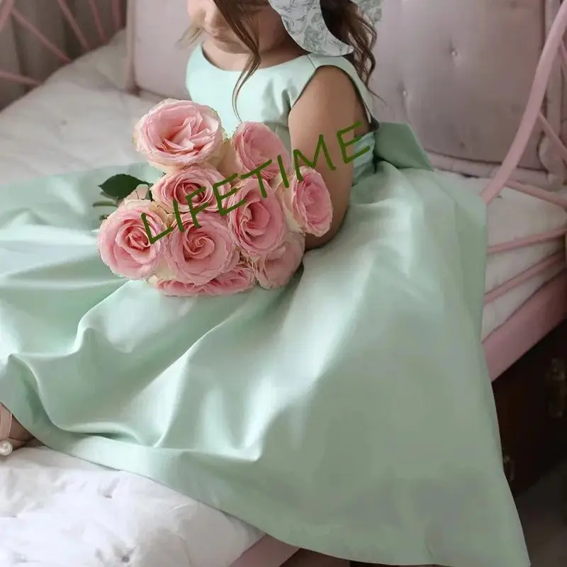 Flower Girl Dress For Wedding Green Satin Sleeveless With Bow Kids Princess Child First Eucharistic Birthday Party Dresses