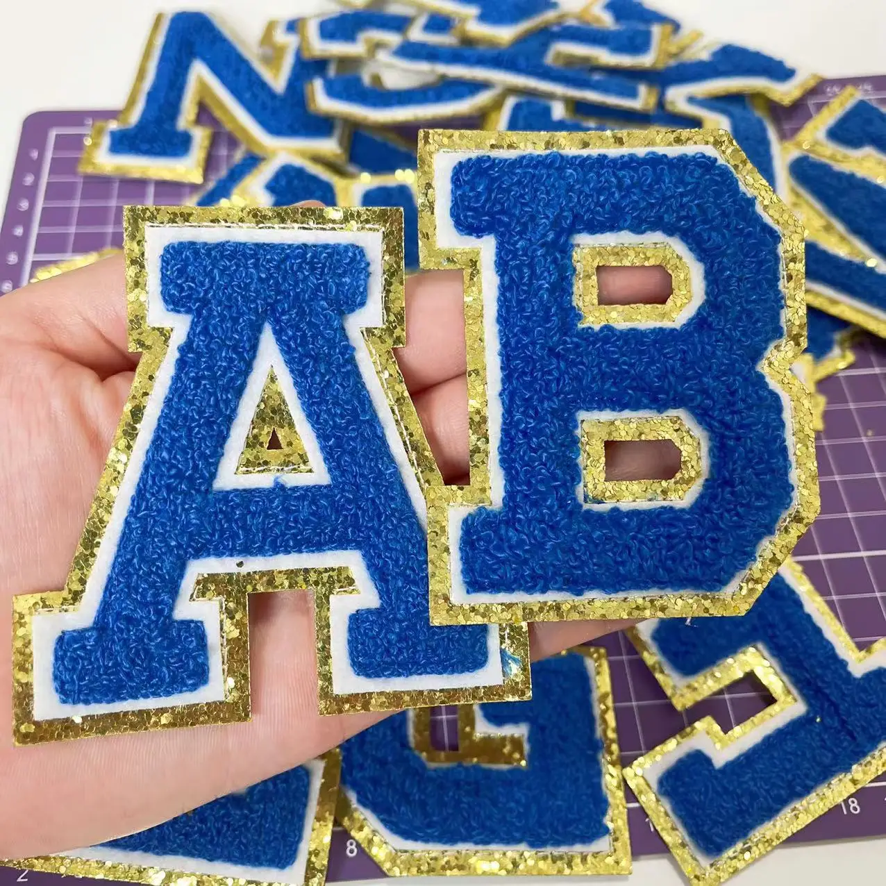 Blue Letters Chenille Towel Embroidered Iron On Patch Applique Diy Name Badge Alphabet Patches For Clothing Bag Accessories