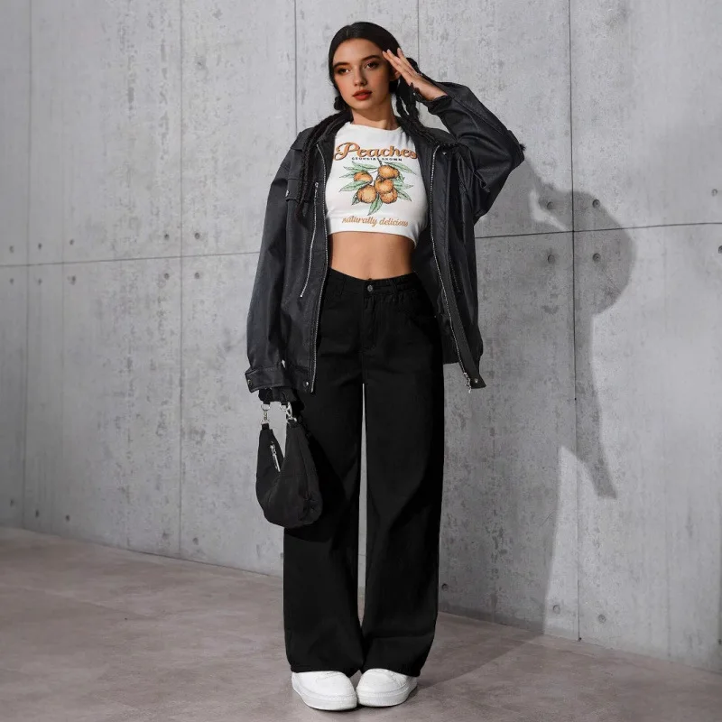 

Slimming High Waist Black Straight Leg Loose Jeans Women's Long Pants Versatile Wide Leg Pants Simple Design Casual Cotton
