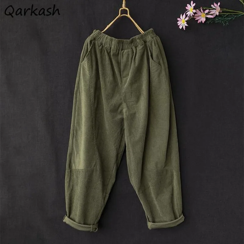 

Pants Women Corduroy Spring Autumn New Vintage Thickening Casual Harem Trousers High Elastic Waist Retro Soft All-match Solid