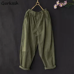 Pants Women Corduroy Spring Autumn New Vintage Thickening Casual Harem Trousers High Elastic Waist Retro Soft All-match Solid