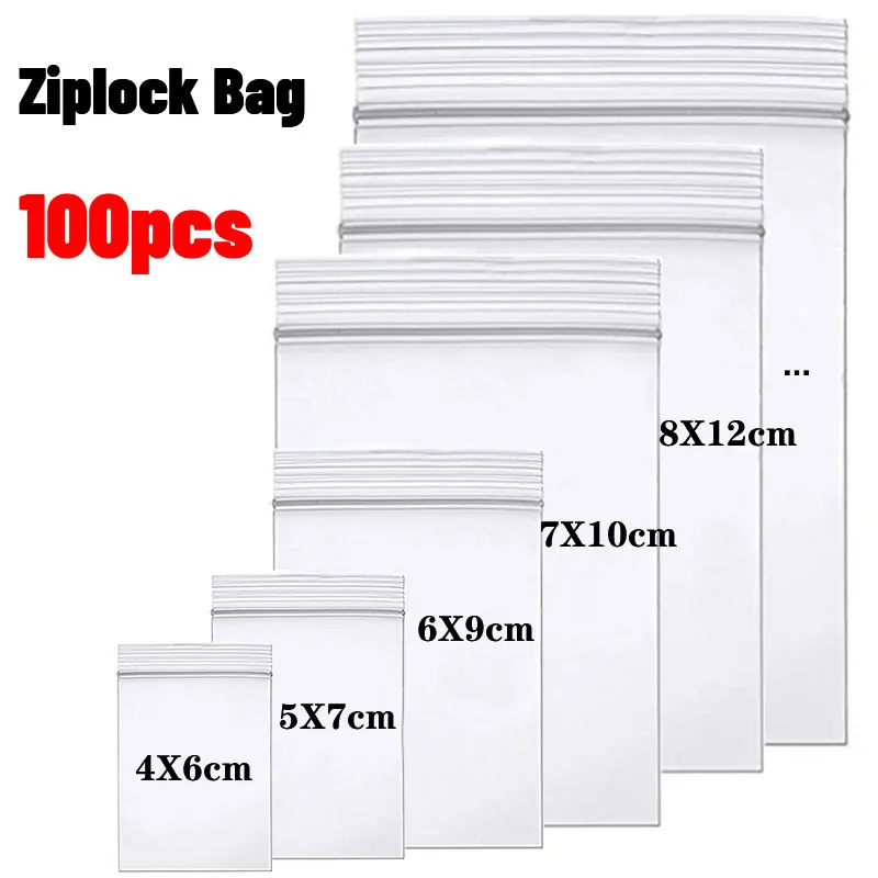 100pcs Zip Lock Bags Resealable Plastic Selaing Bags Clear Poly Reusable Bag Food Storage Reclosable Vacuum Fresh Organize Bag