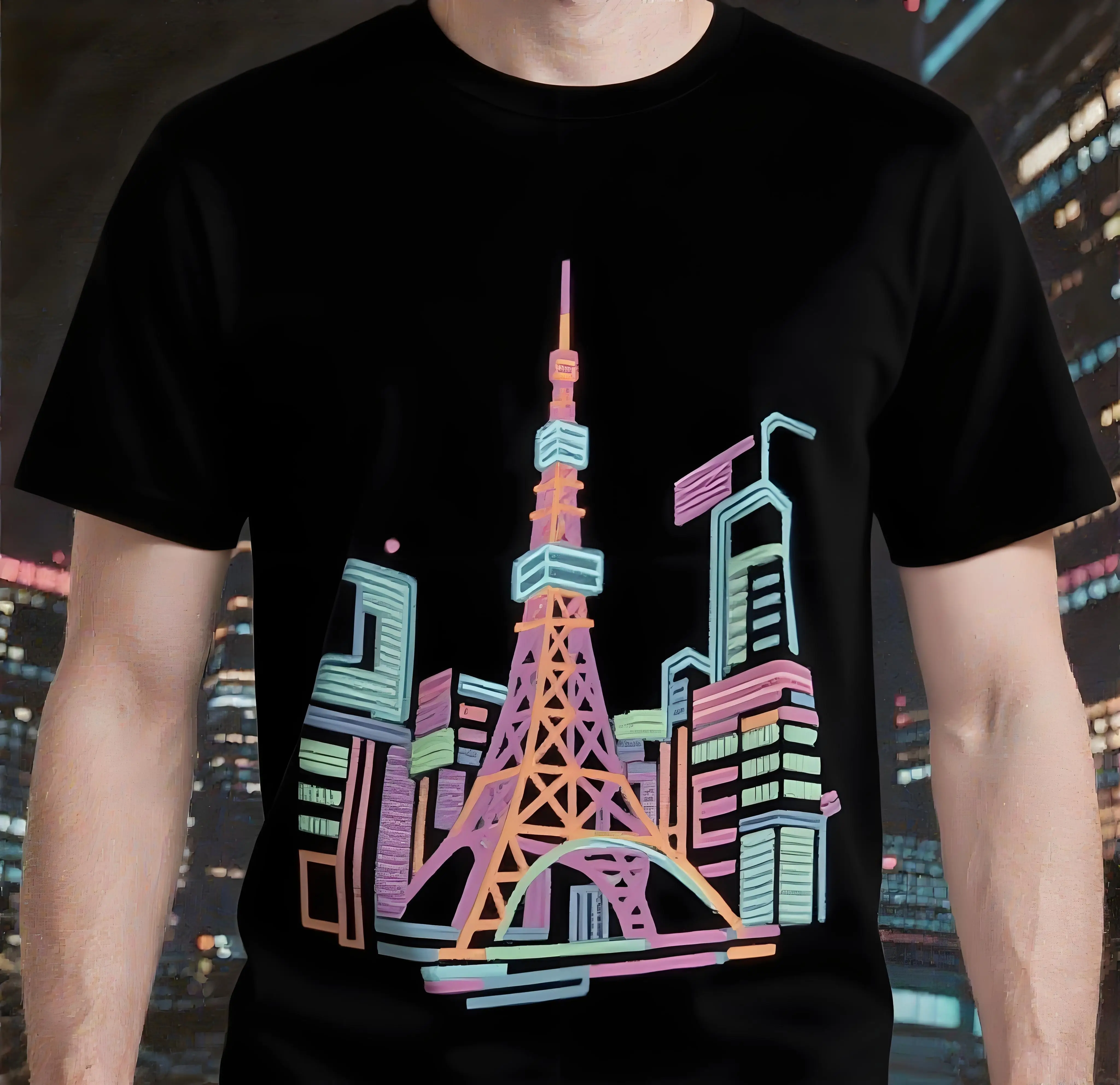 

Colorful French Tower Tokyo Tower Printing，Men's Summer Short Sleeve T-shirt,Cotton Round Neck,Soft and Breathable,Fast Shipping