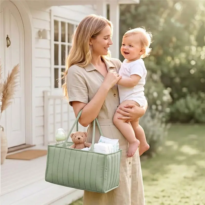 A96K-Quilted Diaper Caddy Organizer - Premium Puffer Style Nursery Storage Bins - Water-Resistant & Wipeable Changing