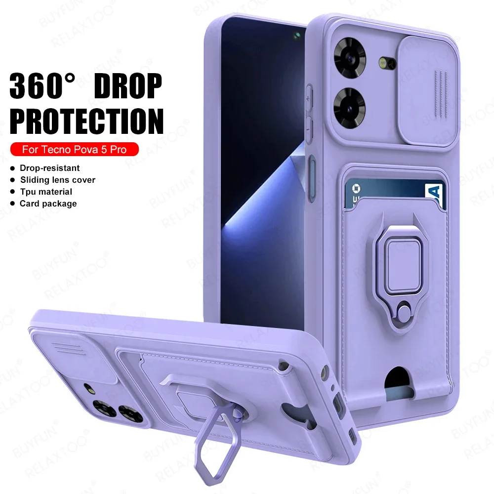 

For Tecno Pova 5 Pro Case Push Camera Protector Soft Cover Tecon Pova5 4G Pov 5Pro 5G Car Magnetic Card Slot Ring Stand Fundas