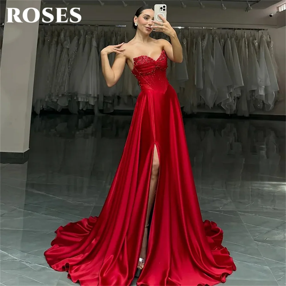 

ROSES Red Party Dress Sweetheart A Line Evening Dresses Beading On Chest Prom Gown Side Split فساتين سهره Customized