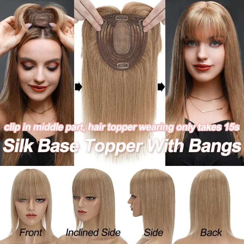 Real Human Hair Wigs Clip In Women Hair Topper Silk Base Topper with Bangs Blonde Hair Toppers for Women Hair Extensions