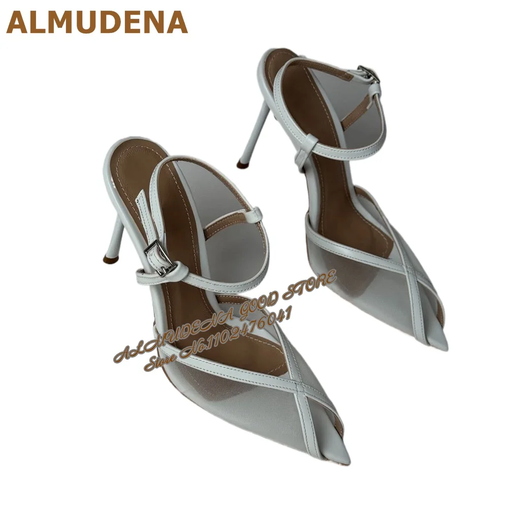 ALMUDENA White Air Mesh High Heel Sandals Pointed Toe Network Dress Shoes Buckle Strap Stiletto Dress Pumps