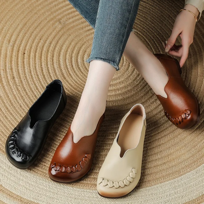 Women Genuine Leather Flat Shoes Retro HandStitching SlipOn Loafers Women ComfortMother Shoes Casual Ladies Daily Footwear