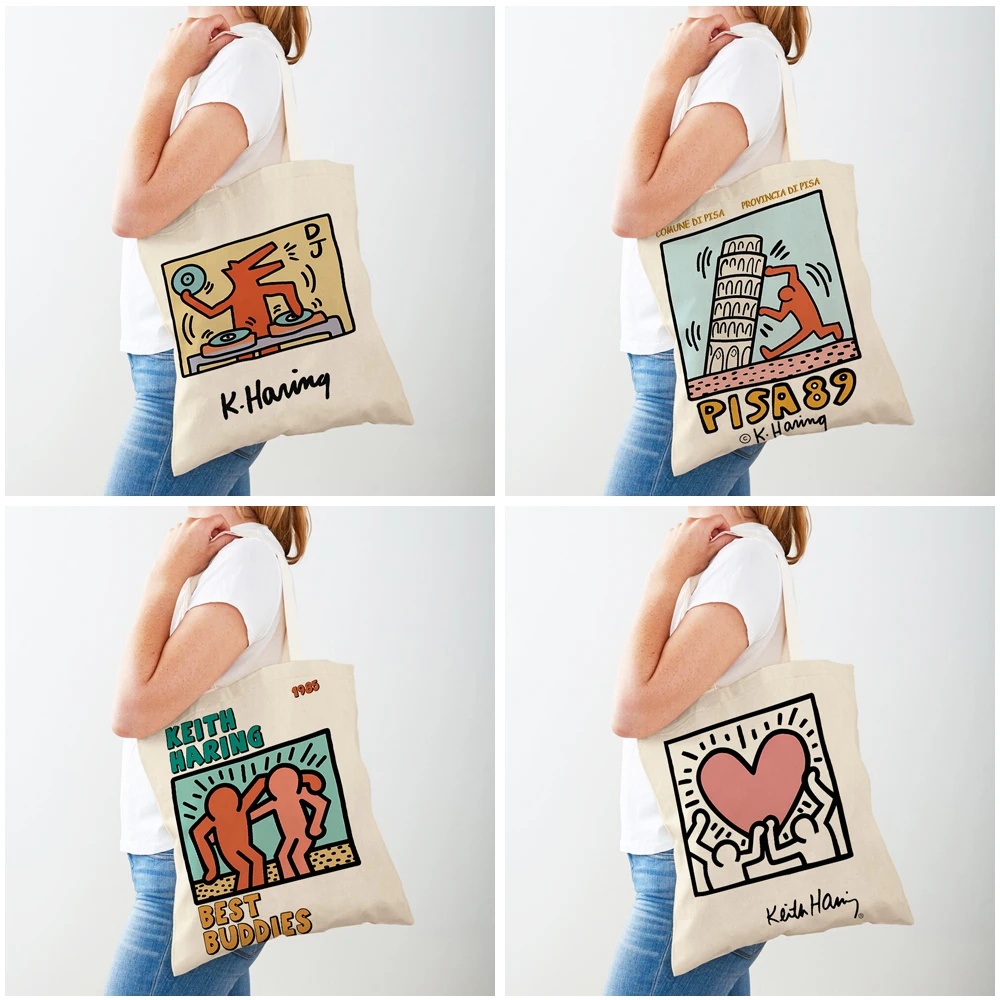 Fashion Cartoon Eco Women Shopping Bags Double Sided Print Casual Geometric Art Canvas Handbag for Child Shopper Bag