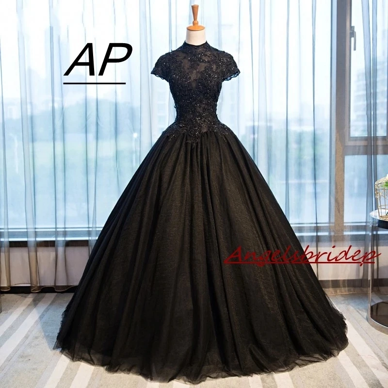 

ANGELSBRIDEP Black Ball Gown Evening Party Prom Dresses Lace-up Corset Beading Applique High Neck Illusion Backless Floor Length