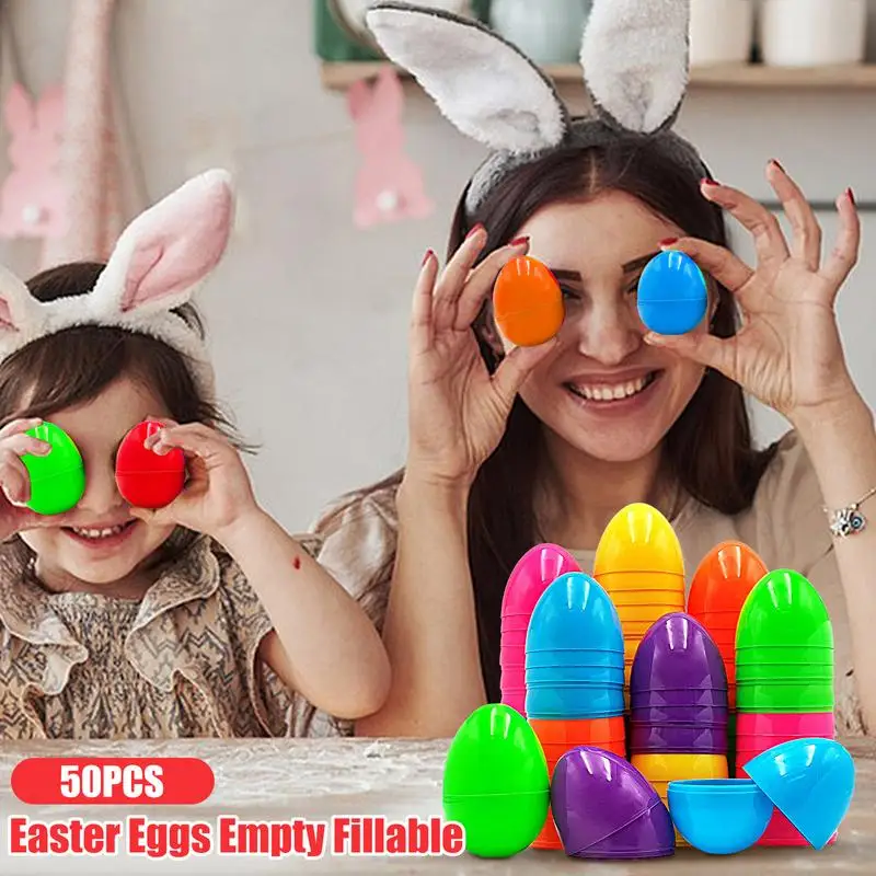 50 Uds. De huevos de Pascua de plástico rellenables con estampado colorido, Cajas de Regalo de dulces DIY, juguetes para niños, Baby Shower, recuerdos para niños, huevos vacíos de Pascua