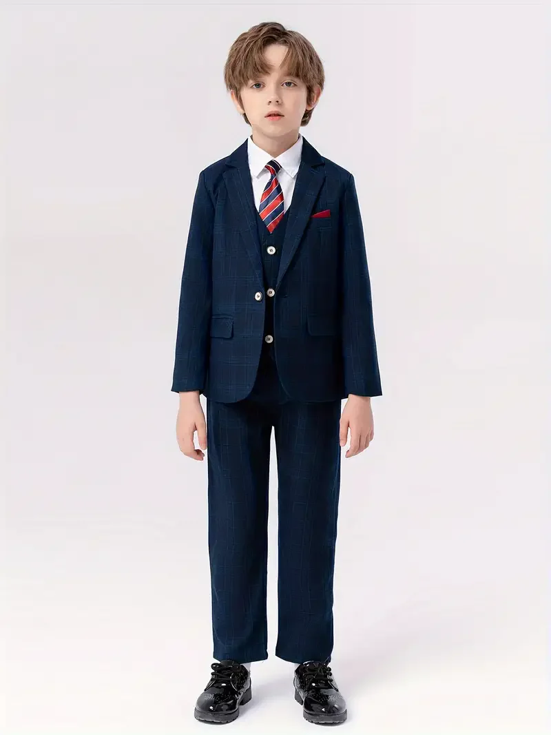 Boys Slim Fit Blue Jacket Vest Pants Tie Brooch 5Pieces Baptism Birthday Wedding Suit Kids Host Piano Performance Costume