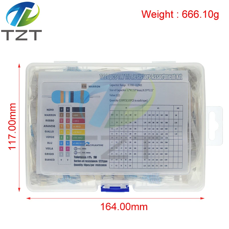 1220pcs/Lot 1W Metal Film Resistor Kit 1% 0.33 - 2.2M ohm 122 ValuesX10pcs Resistance Set Assortment Pack