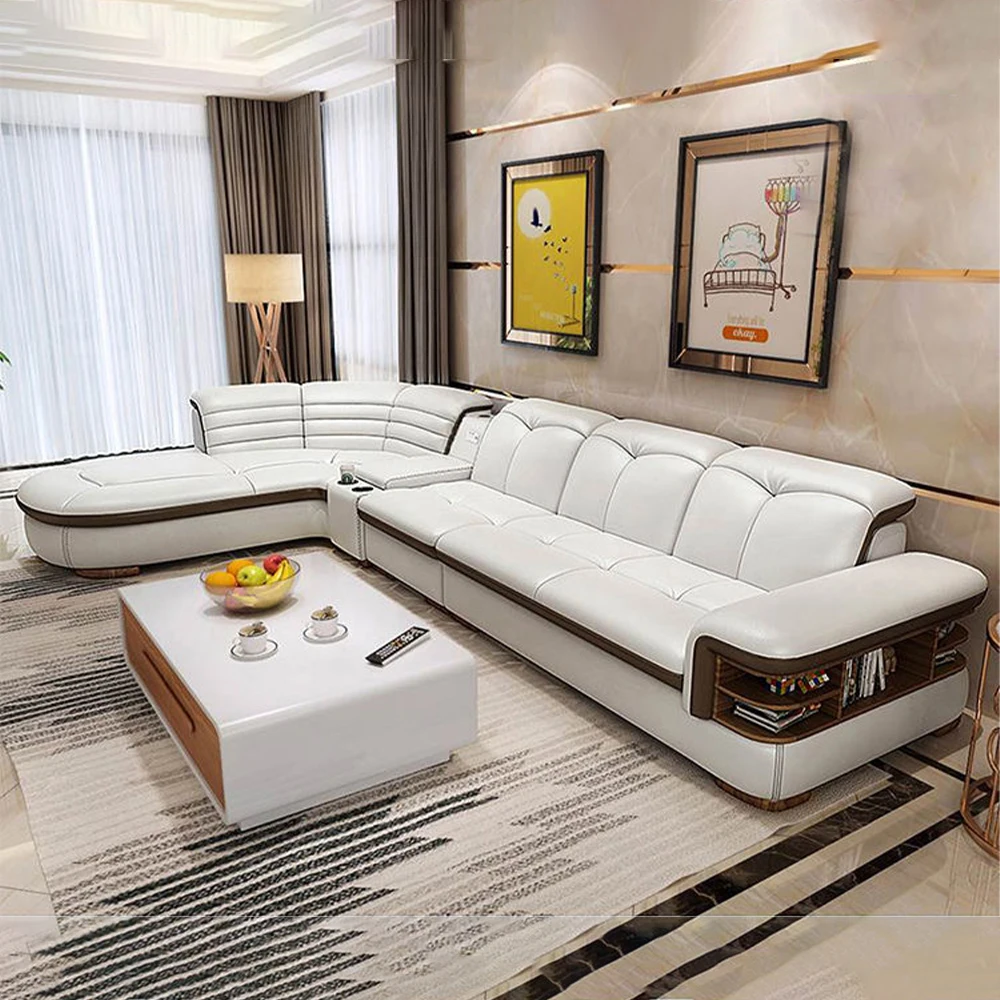 

MANBAS Luxury L-Shaped Genuine Leather Sectional Sofa Sets with USB, Bluetooth Speaker - Living Room Italian Leather Couches