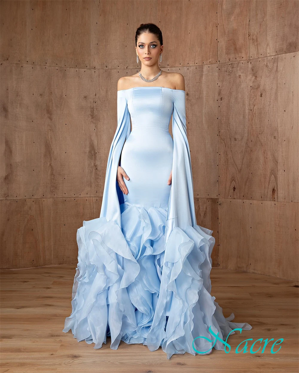

Customized Exquisite Organza Boat Neck Evening Dress Delicate Long Sleeves Prom Dress Luxury Sweep Train Special Occasion Gowns
