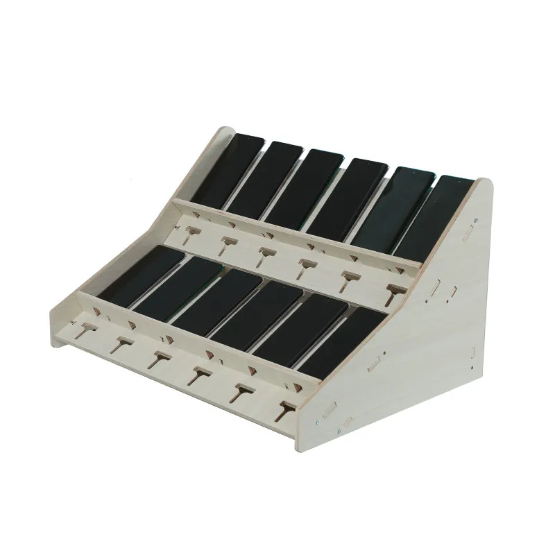 

Desktop horizontal lying flat, multiple mobile phones are stored in wooden on-hook brackets, and multiple mobile phones