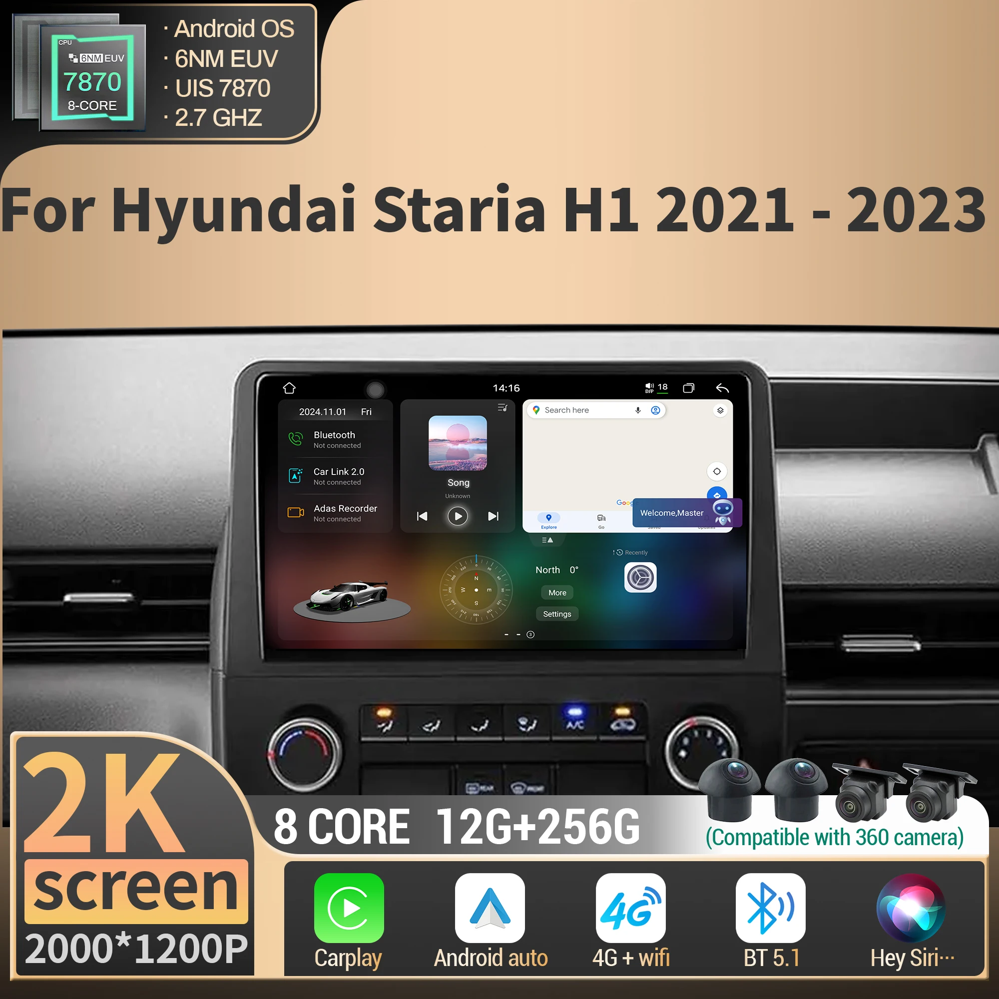 

Android 14 For Hyundai Staria H1 2021-2023 Car Radio Multimedia Navigation Intelligent Carplay 4G GPS CPU 7870 2K QLED Screen