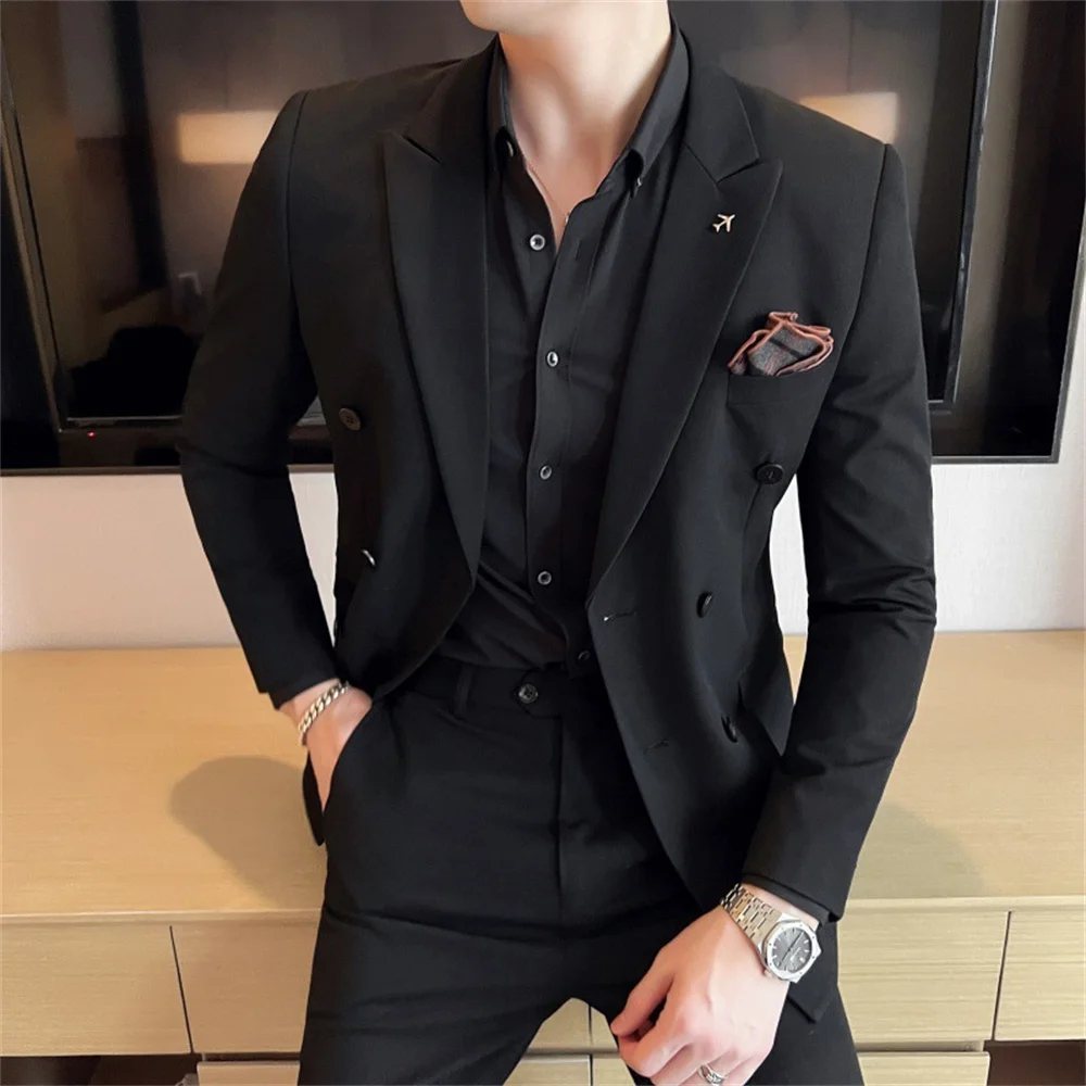 Solid color plus-size suit men's business formal Korean double-breasted three-piece men's fashion suit