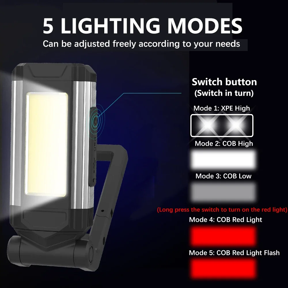 Imagem -03 - Usb Recarregável Cob Work Light Lanterna Led Super Bright Lâmpada de Acampamento Portátil com Ímã de Cauda Lanterna Ajustável Impermeável