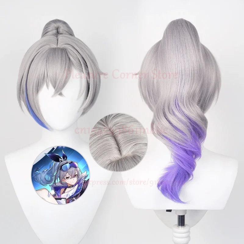 Honkai Star Rail Silver Wolf Cosplay Wig Glasses Earrings Hairclip Silver Mixed Blue Long Curly Wig Heat Resistant Cosplay wig
