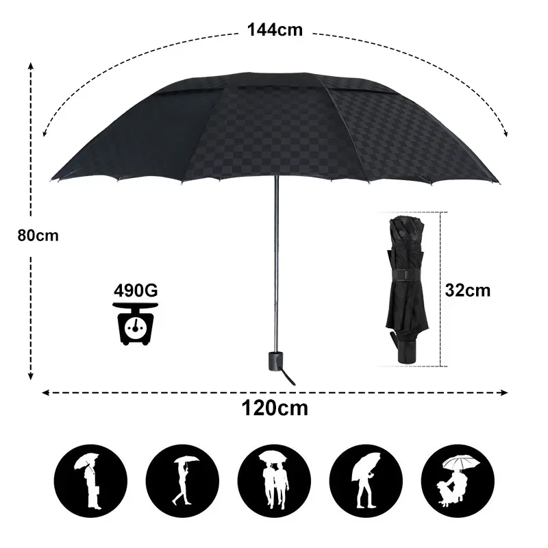 Big Umbrella Double Layer Dark  Rain Grid Women Men 3Folding 10K Windproof Business Umbrellas Parasol Family Travel Paraguas