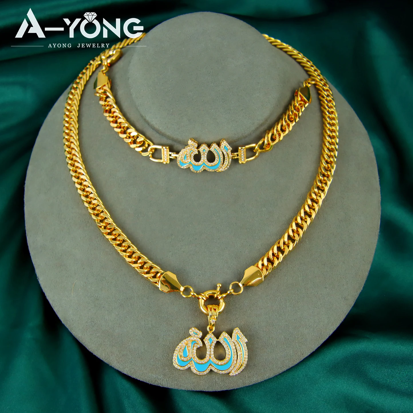 

Arabic Islamic Amulet Jewelry Set 21k Gold Plated Dubai Hip Hop Cuban Necklace Bracelet Italian Women Luxury Punk Party Jewelrys