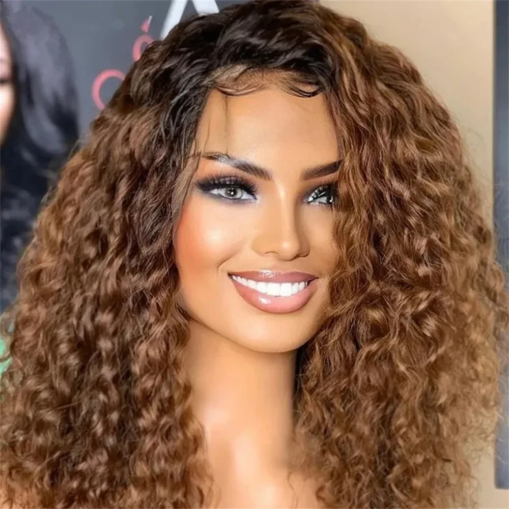 

Soft Long 26Inch Kinky Curly Ombre Brown 180 Density Lace Front Wig For Women With Baby Hair Synthetic Preplucked Glueless Daily