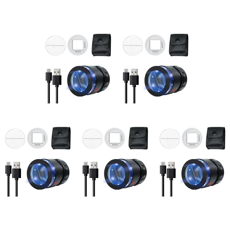 5Pcs Loupe Magnifier 10X,Rechargeable Jewelers Magnifying Glass With LED Light And Scale, Adjustable