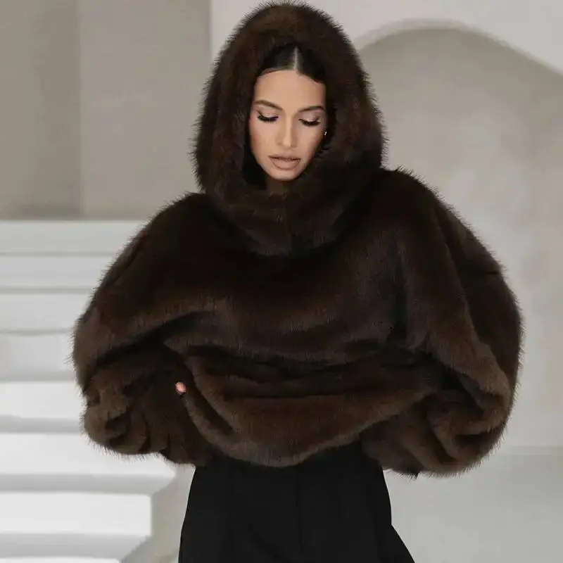 Original Light Luxury Faux Fur Hooded Coat Autumn and Winter Women's Thick Warm Snow Travel Date Vacation Casual Pullover Jacket