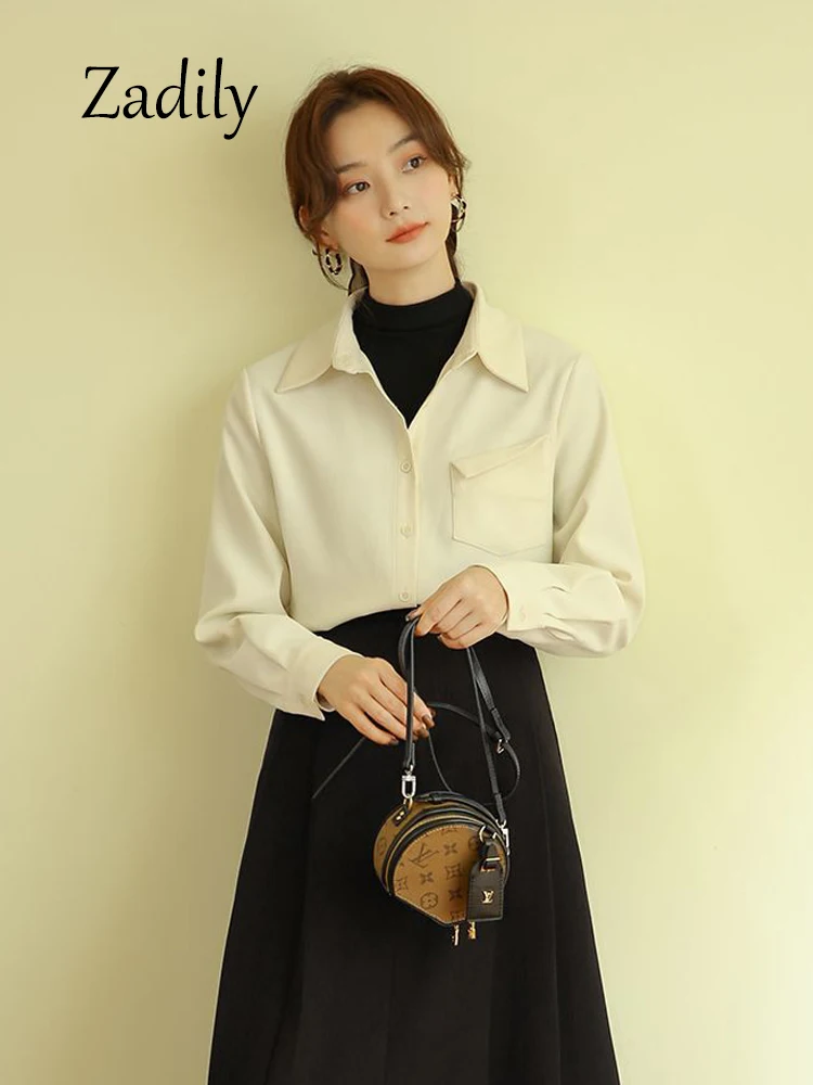 

Zadily 2024 Spring Korea Style Long Sleeve Women Basic Shirt Office Lady Button Up Pocket Work Woman Blouse Female Clothing Tops