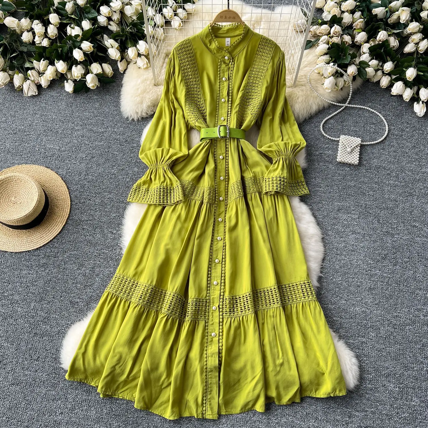 Long Dress Women Maxi Dresses Stand Collar Flare Sleeve A Line Single Breasted High Waist Vestidos Elegant Y2k Work 2025 Vintage