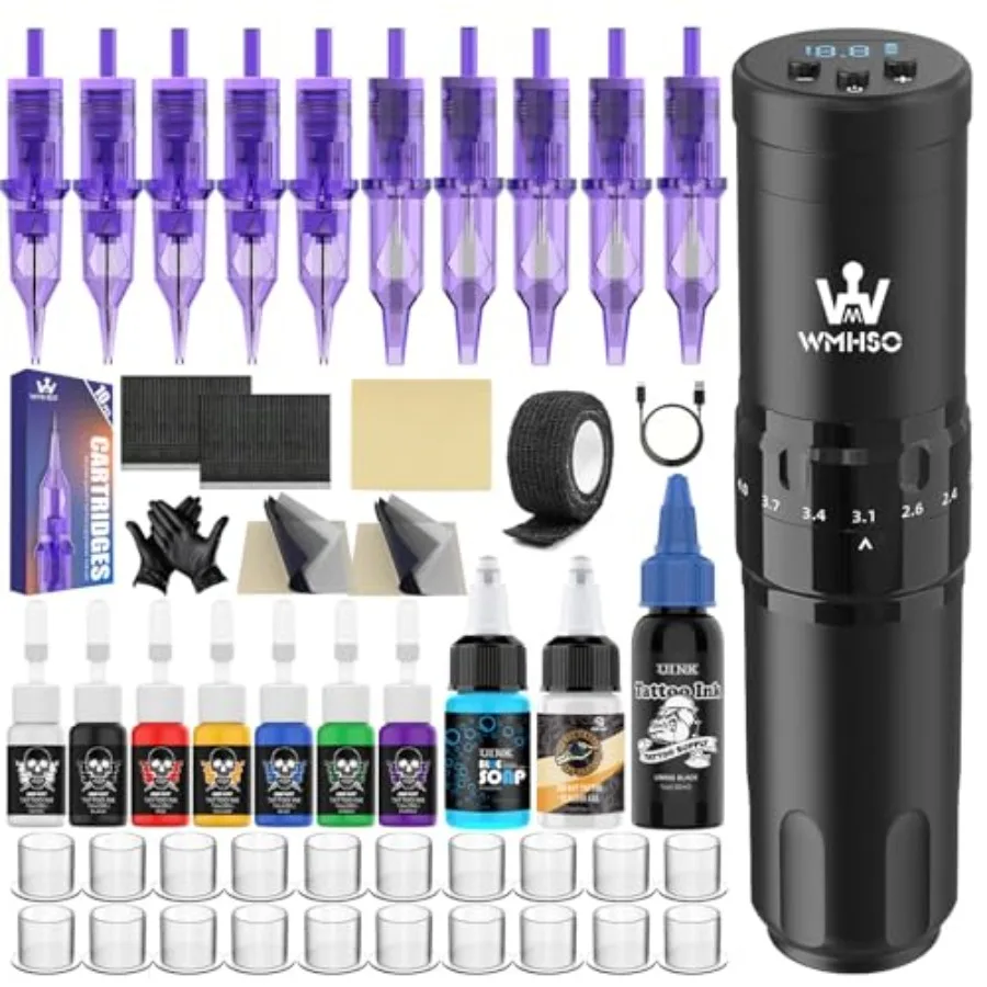 

Набор для татуировок для начинающих с беспроводной машинкой - полный комплект тату-оборудования включает тренировочную кожу, иглы, чернила, долговечный аккумулятор.