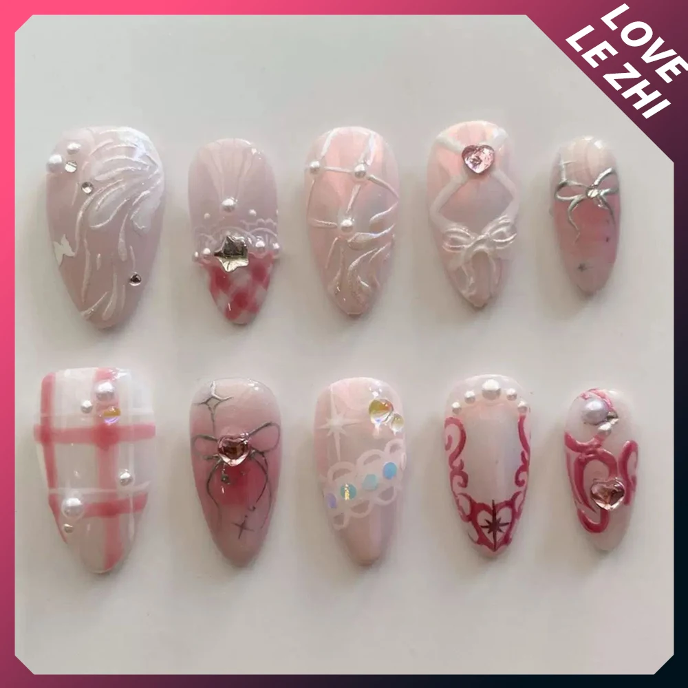 Pink Handmade Press On Nails Full Cover Rhinestone Y2K Design Metal Five-Pointed Star Almond Manicure False Nails Tips Art