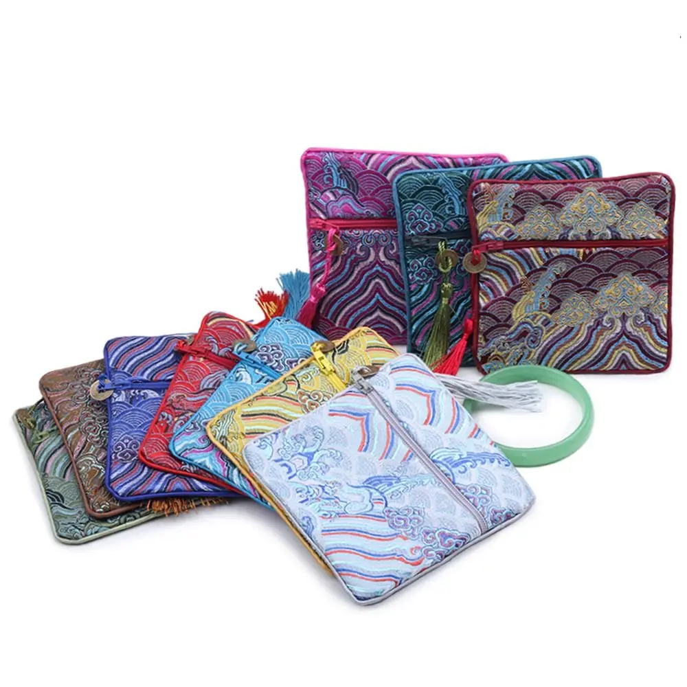 Chinese Style Silk Jewelry Organizer Coin Purse Embroidery Brocade Pouch Sea Wave Pattern Blessing Bag Jewelry Storage Bag