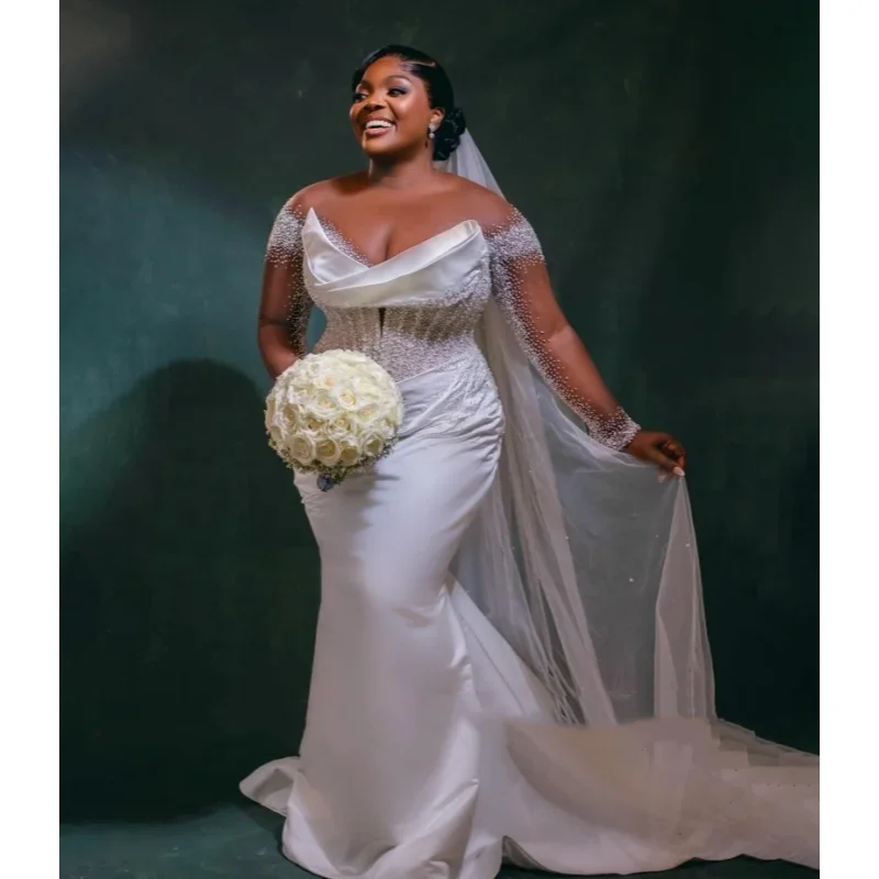 

Сексуальное свадебное платье с v-образным вырезом для африканских девушек, жемчужное фантомное свадебное платье русалки с длинными рукавами, роскошное длинное платье невесты по индивидуальному заказу