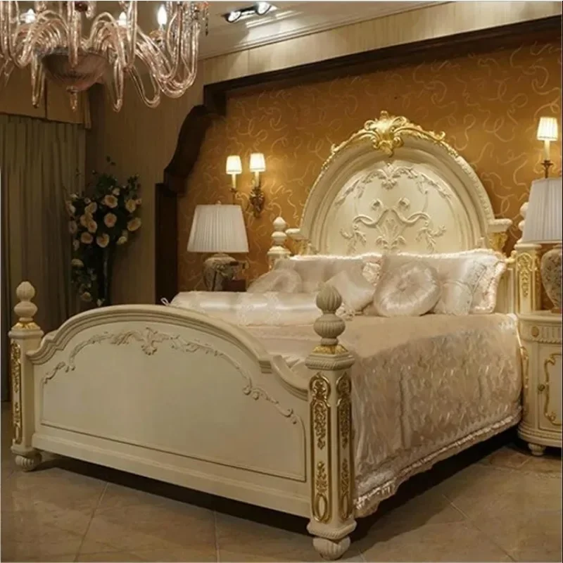

American luxury solid wood carved bed French antique old bedroom double bed